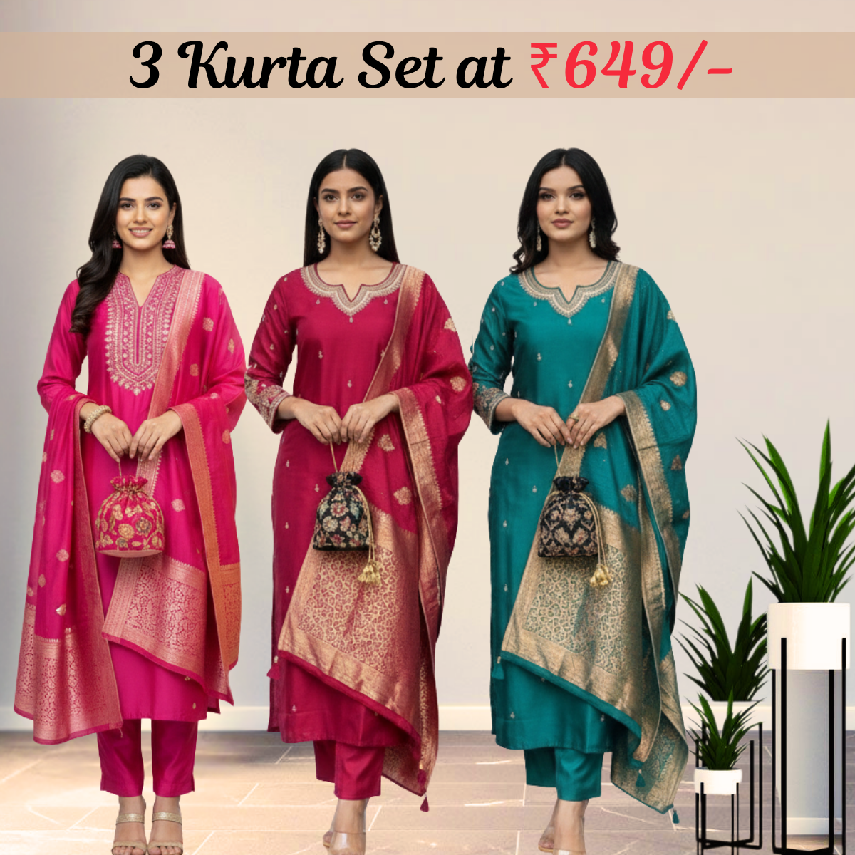 Women's Pack of 3 Pure Cotton Kurtis with Pant & Dupatta|C-10