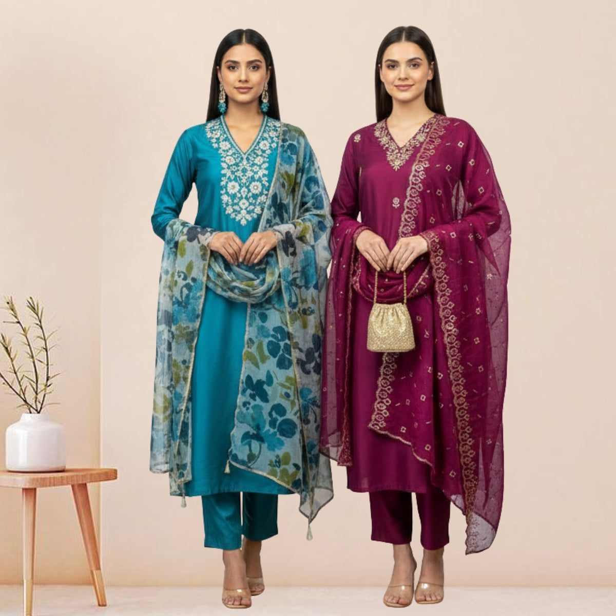 Women's Pack of 3 Pure Cotton Kurtis with Pant & Dupatta |C-03