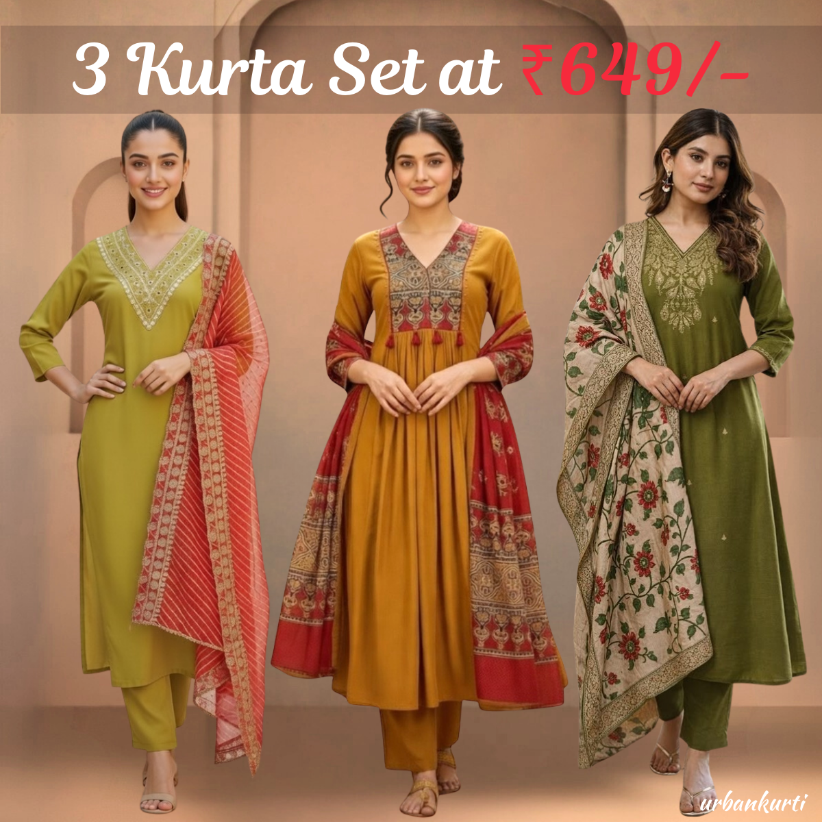 Women's Pack of 3 Pure Cotton Kurtis with Pant & Dupatta |C-017
