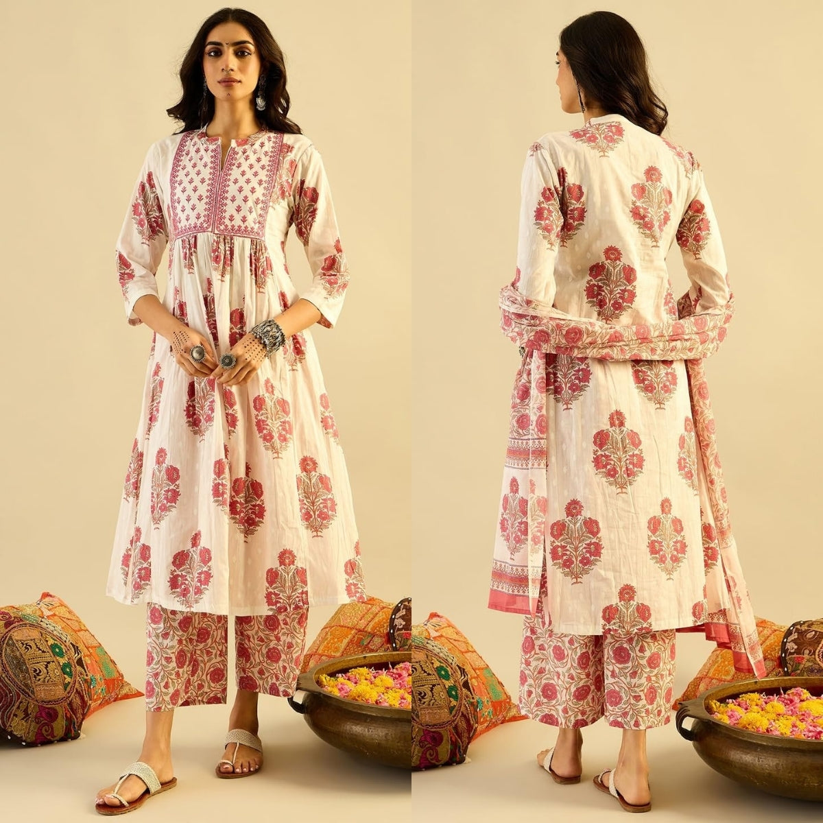 Pack of 2 Premium Cotton Kurtis with Plazzo Pant & Dupatta – Casual Ethnic| C-12