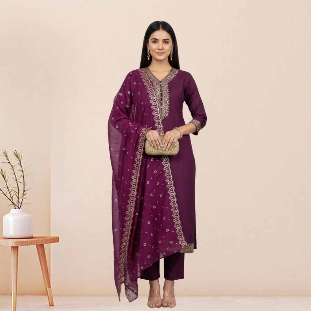 Women's Pack of 3 Pure Cotton Kurtis with Pant & Dupatta | C-08