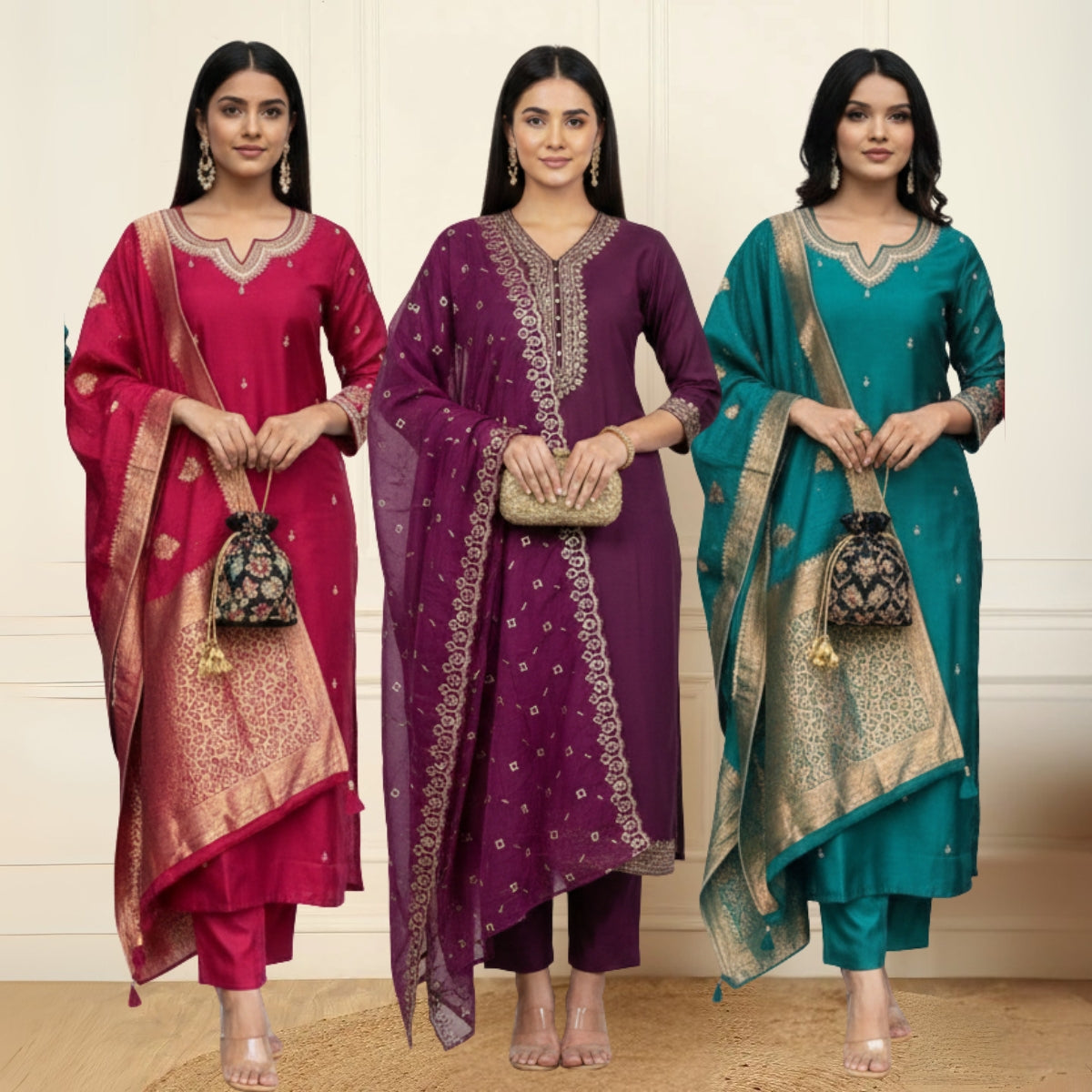 Women's Pack of 3 Pure Cotton Kurtis with Pant & Dupatta | C-08