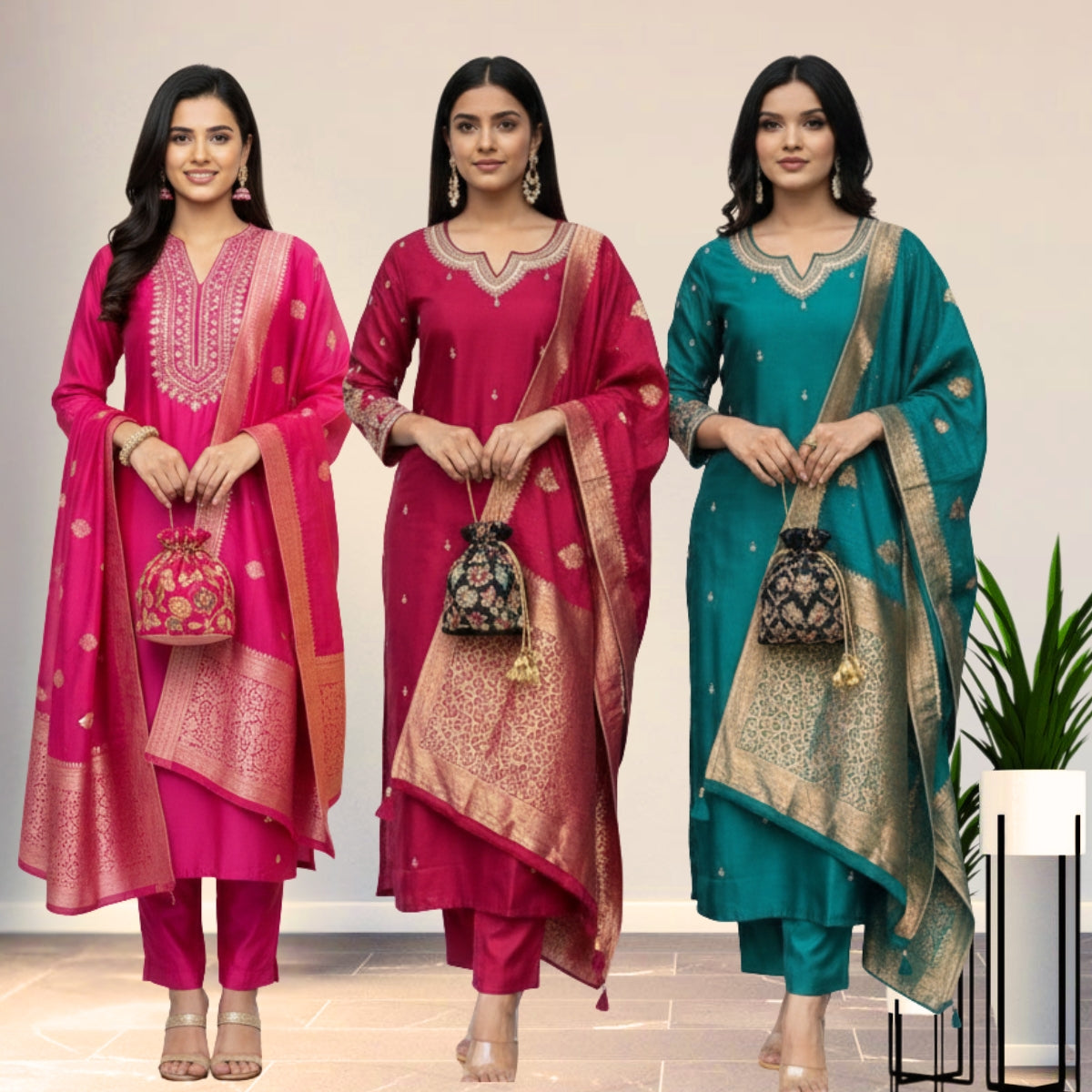 Women's Pack of 3 Pure Cotton Kurtis with Pant & Dupatta|C-10