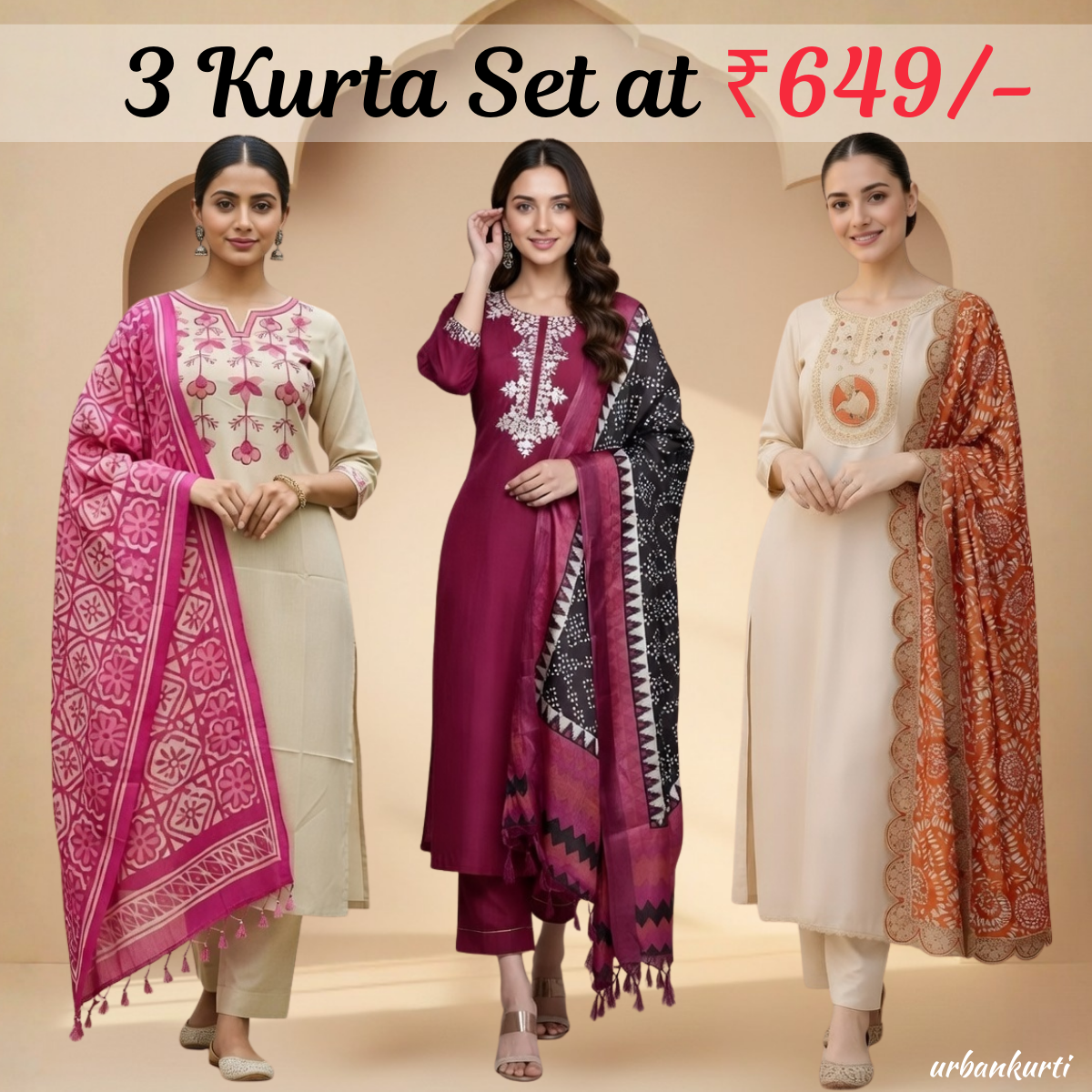 Women's Pack of 3 Pure Cotton Kurtas Pant Set without Dupatta |C-020