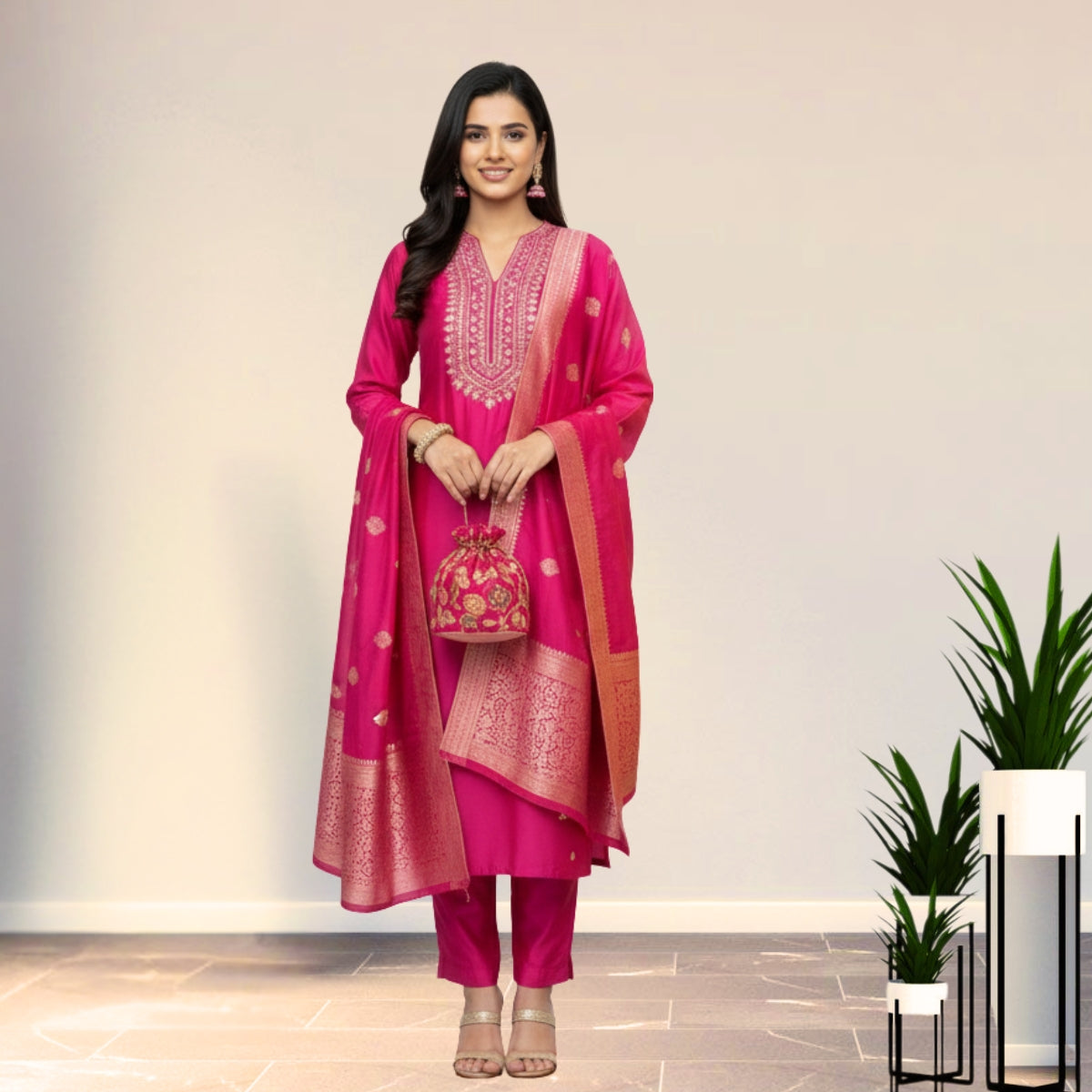 Women's Pack of 3 Pure Cotton Kurtis with Pant & Dupatta|C-10