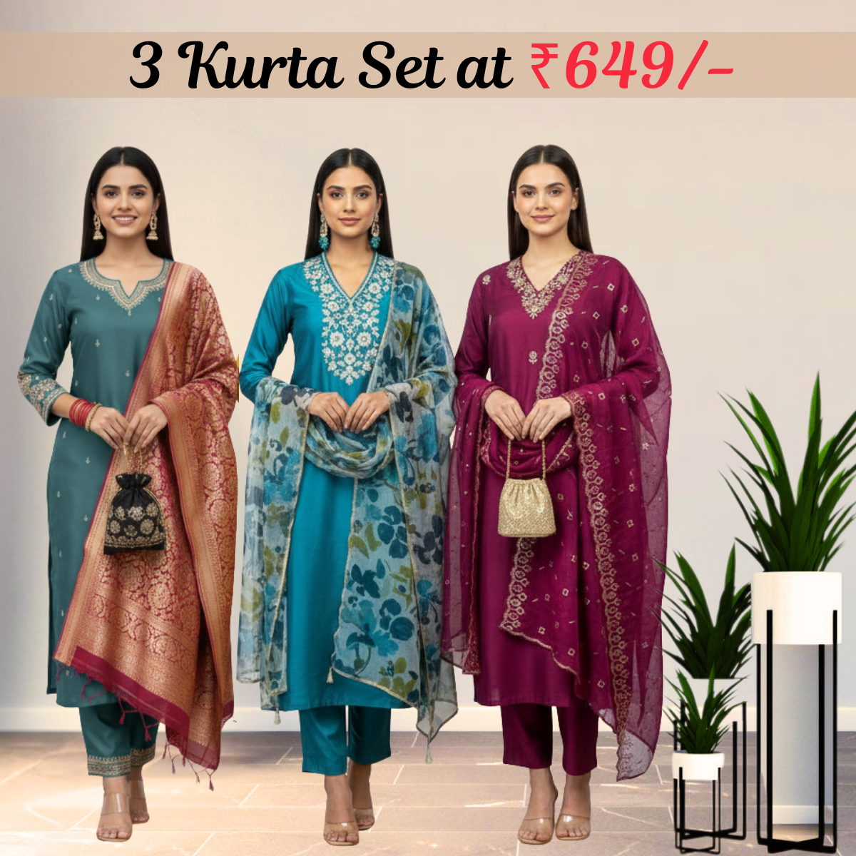 Women's Pack of 3 Pure Cotton Kurtis with Pant & Dupatta |C-03