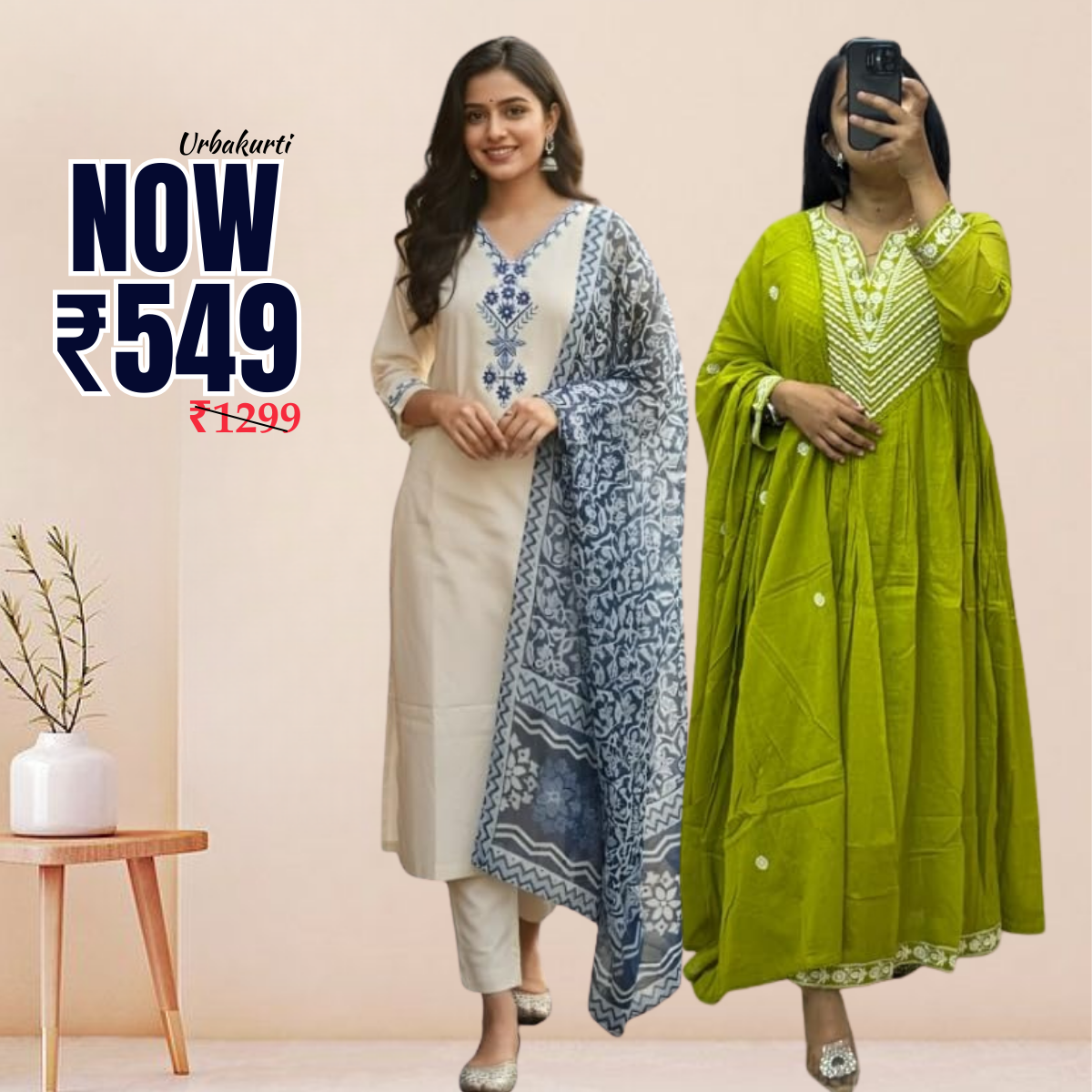 Pack of 2 Premium Cotton Kurtis with Pant & Dupatta – ( Anarkali Set + Kurta Set ) – Casual Ethnic| C-13