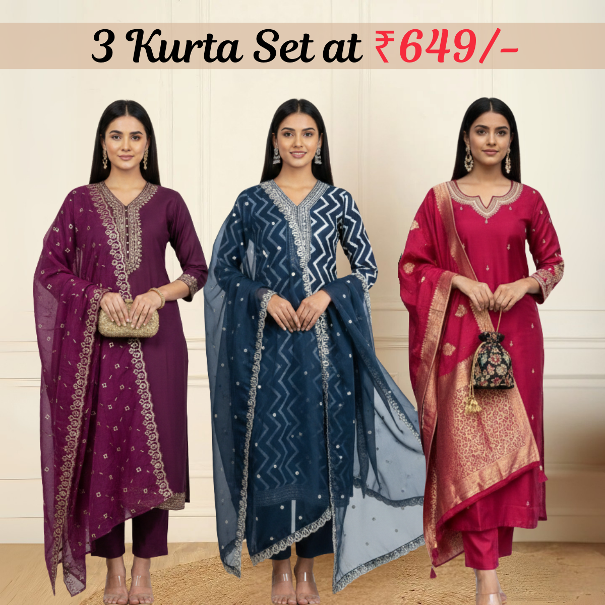 Women's Pack of 3 Pure Cotton Kurtas with Dupatta ||C-07
