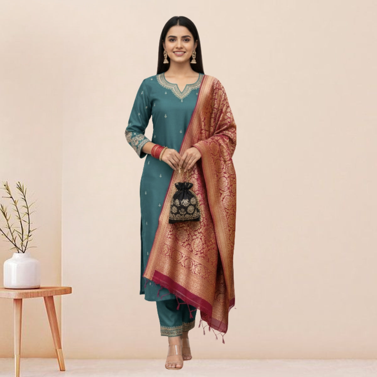 Women's Pack of 3 Pure Cotton Kurtis with Pant & Dupatta |C-03